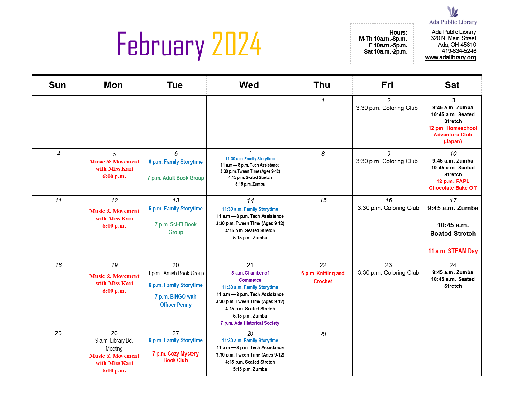 "February Calendar of Activities"