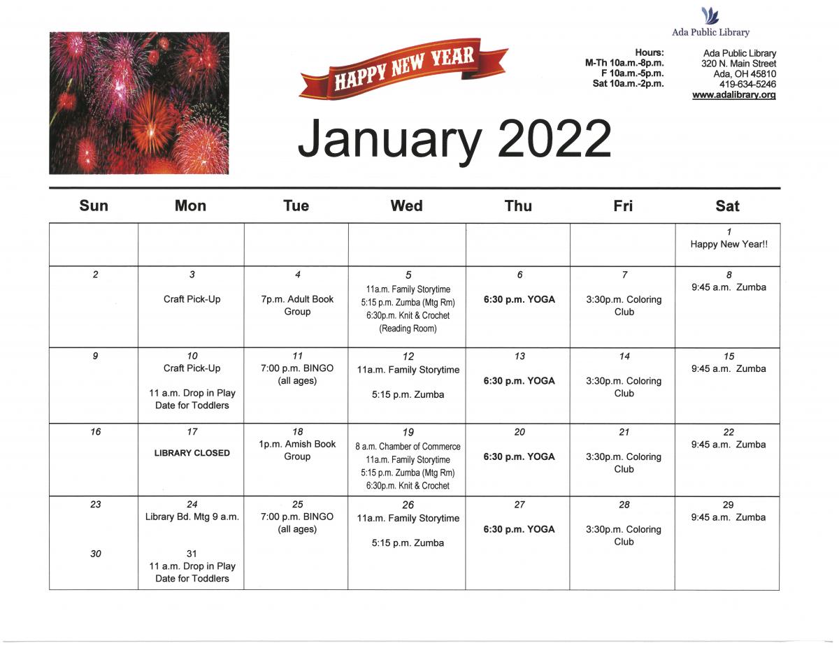 January printable calendar of library events