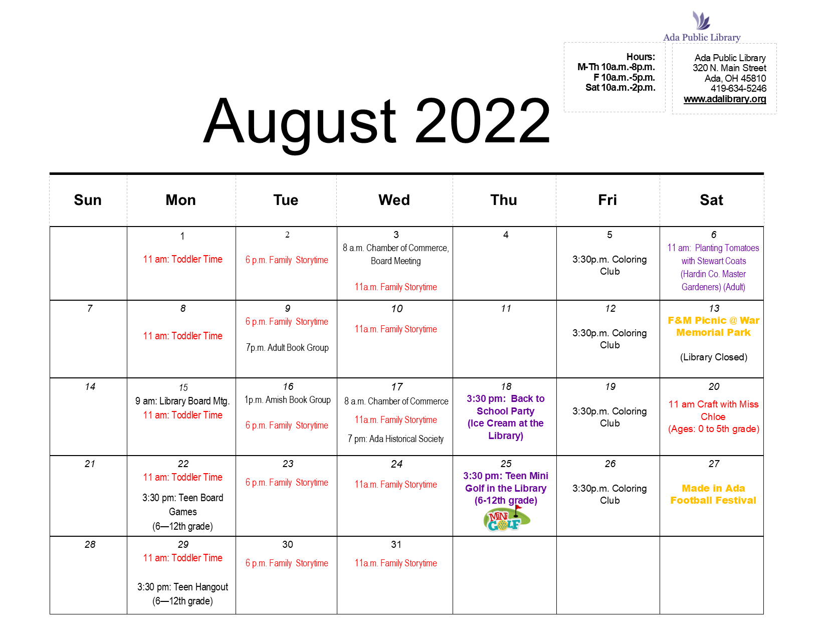 "August 2022 Calendar of Activities"